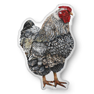 A custom shaped throw pillow shaped like a boho chicken. Artwork by Jennifer Lambein. 