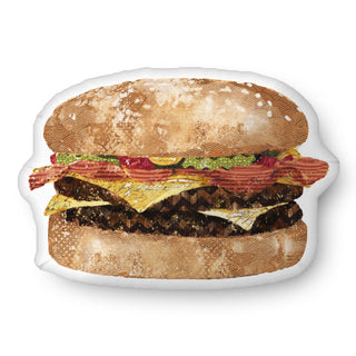 A whimsical throw pillow in the shape of a cheeseburger. Artwork by Jennifer Lambein.