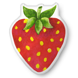 A customer shaped throw pillow shaped like a watercolor strawberry fruit. Artwork byJennifer Lambein. 