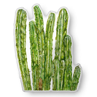 A throw pillow custom shaped like a watercolor cactus plant. Artwork by Jennifer Lambein. 