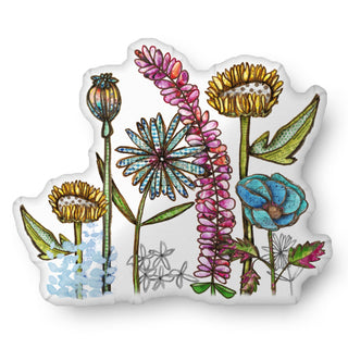 A custom shaped throw pillow shaped like colorful summer garden wildflowers. Artwork by Jennifer Lambein. 