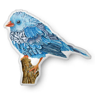 A custom shaped throw pillow shaped like a watercolor blue bird with wildflowers. Artwork by Jennifer Lambein. 