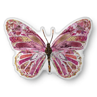 A custom shaped throw pillow shaped like a boho pink butterfly. Artwork by Jennifer Lambein. 