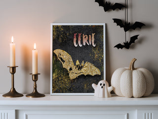 Eerie Bat Art Print - Black & Gold Halloween Decor