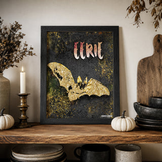 Eerie Bat Art Print - Black & Gold Halloween Decor