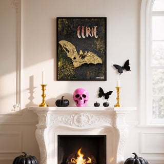 Eerie Bat Art Print - Black & Gold Halloween Decor