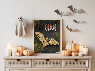 Eerie Bat Art Print - Black & Gold Halloween Decor