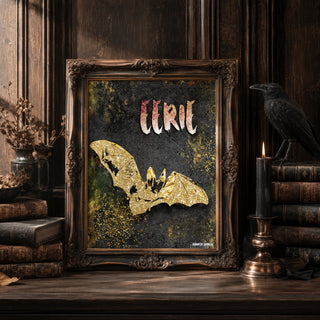 Eerie Bat Art Print - Black & Gold Halloween Decor