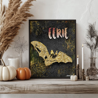 Eerie Bat Art Print - Black & Gold Halloween Decor