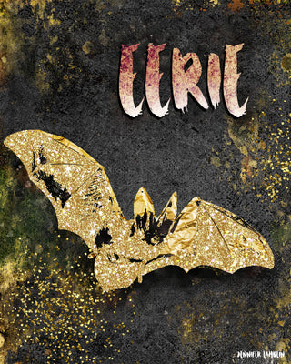 Eerie Bat Art Print - Black & Gold Halloween Decor