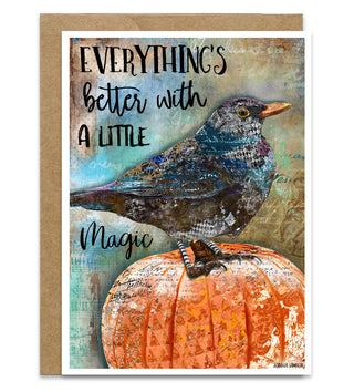 Autumn Magic Greeting Card - Fall Halloween Raven Pumpkin Art Notecard