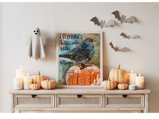 Autumn Magic Bird Art Print - Crow Raven Blackbird With Pumpkin