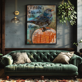 Autumn Magic Bird Art Print - Crow Raven Blackbird With Pumpkin