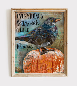 Autumn Magic Bird Art Print - Crow Raven Blackbird With Pumpkin