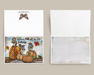 Fall Feelings Greeting Card - Nature Art - Birds, Autumn Leaves & Pumpkins