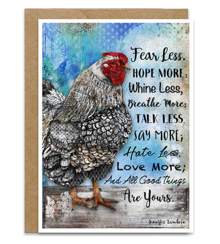 A greeting card featuring a detailed illustration of a chicken with a red comb and patterned gray-black feathers, standing beside a motivational quote All good things. The card has a white border and is shown with a brown kraft envelope behind it on a white background.