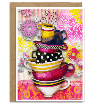 Flower Power Coffee Greeting Card - Retro Coffee Cups And Tea Art