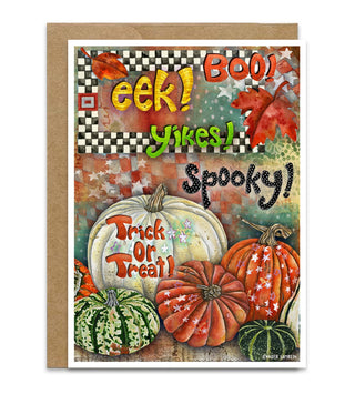 A Halloween greeting card with a brown envelope, featuring a colorful autumn collage of pumpkins, fall leaves, stars, and playful text reading 'GEEK! BOO! Yikes! spooky! Trick or Treat!'. Artwork by Jennifer Lambein. 