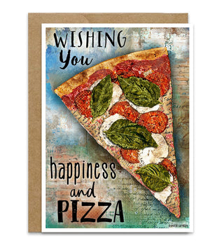 A greeting card featuring a single slice of pizza with green basil leaves on a rustic blue and beige background, with the text 'Wishing You happiness and PIZZA'. The card is shown with a brown kraft envelope behind it on a white background. Artwork by Jennifer Lambein. 