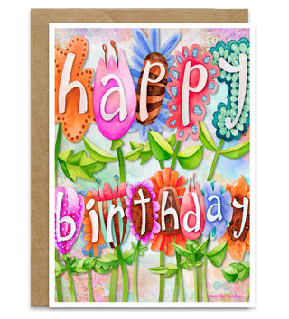 Happy Birthday Garden Greeting Card - Bright Wildflowers Art