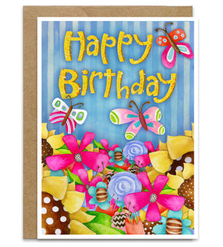 Happy Birthday Butterfly Garden Greeting Card - Wildflowers Sunflowers Butterflies Art
