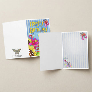 Happy Birthday Butterfly Garden Greeting Card - Wildflowers Sunflowers Butterflies Art