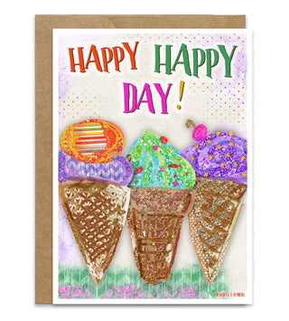 A greeting card with colorful and whimsical ice cream cones that says, "Happy Happy Day!" in bright letters. Artwork by jennifer Lambein. 