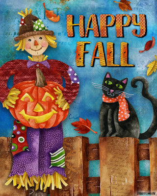Happy Fall Friends Art Print - Scarecrow Pumpkin & Black Cat