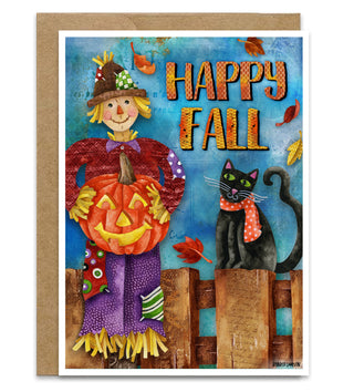 Happy Fall Friends Greeting Card - Scarecrow Pumpkin & Black Cat