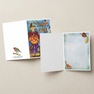Happy Fall Friends Greeting Card - Scarecrow Pumpkin & Black Cat
