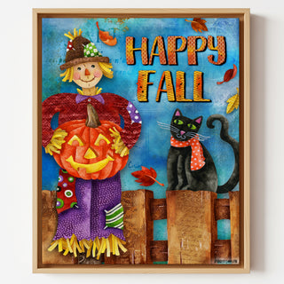 Happy Fall Friends Art Print - Scarecrow Pumpkin & Black Cat