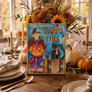 Happy Fall Friends Art Print - Scarecrow Pumpkin & Black Cat