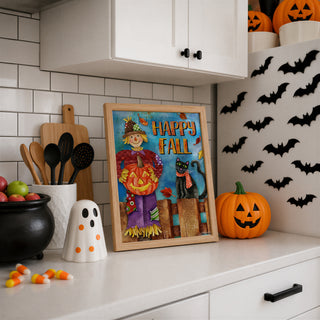 Happy Fall Friends Art Print - Scarecrow Pumpkin & Black Cat