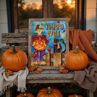 Happy Fall Friends Art Print - Scarecrow Pumpkin & Black Cat