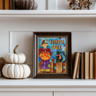 Happy Fall Friends Art Print - Scarecrow Pumpkin & Black Cat