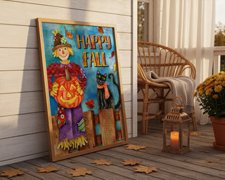 Happy Fall Friends Art Print - Scarecrow Pumpkin & Black Cat