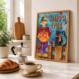 Happy Fall Friends Art Print - Scarecrow Pumpkin & Black Cat