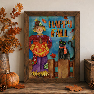 Happy Fall Friends Art Print - Scarecrow Pumpkin & Black Cat