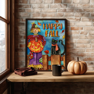 Happy Fall Friends Art Print - Scarecrow Pumpkin & Black Cat