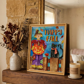 Happy Fall Friends Art Print - Scarecrow Pumpkin & Black Cat