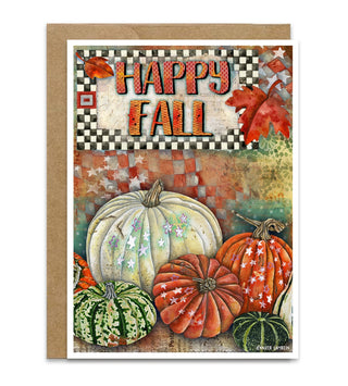 A square greeting card with a kraft paper envelope, featuring a colorful autumn design with the words 'HAPPY FALL' and illustrated pumpkins and gourds on a white background. Artwork by Jennifer Lambein. 