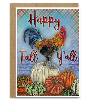 Happy Fall Y'all Greeting Card - Rooster Farmhouse Art