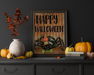 Happy Halloween Spider Art Print - Cute Retro Boho Decor