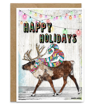 Happy Holidays Reindeer Greeting Card - Winter Woodland Animal Art