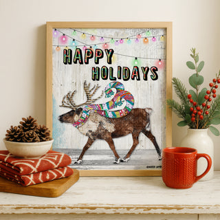 Happy Holidays Reindeer Art Print - Whimsical & Bright Christmas