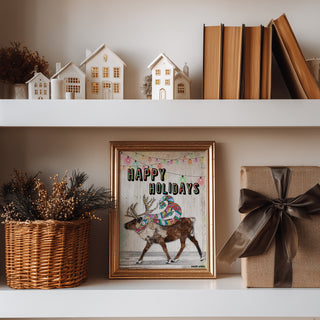 Happy Holidays Reindeer Art Print - Whimsical & Bright Christmas