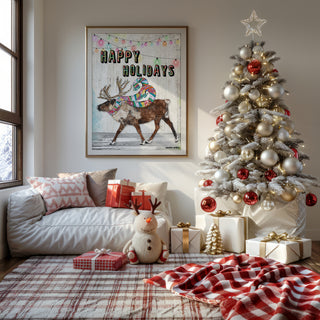 Happy Holidays Reindeer Art Print - Whimsical & Bright Christmas