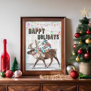 Happy Holidays Reindeer Art Print - Whimsical & Bright Christmas