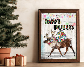 Happy Holidays Reindeer Art Print - Whimsical & Bright Christmas