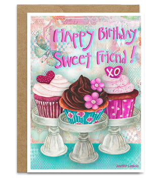 Happy Birthday Sweet Friend Greeting Card - Cupcakes Hearts And Flowers